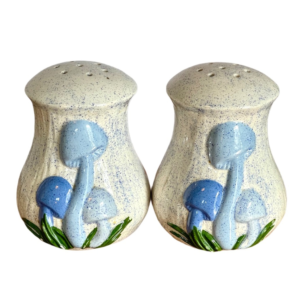 Blue Mushroom Ceramic Salt & Pepper Shakers 1970s